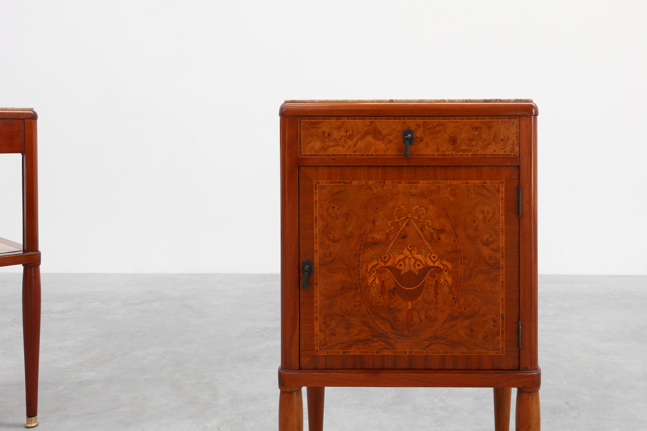 Pair of French Art Deco bedside tables with marquetry and marble tops, 1940sthumbnail